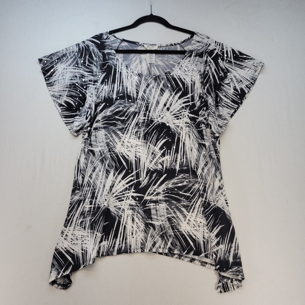 Brittany Black Blouse Womens 2X Black Abstract Palm Sequin Handkerchief Hem